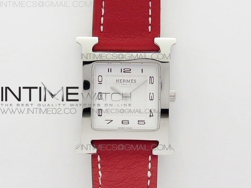 MKF 에르메스 H아워 Heure H Ladies SS MKF 1:1 Best Edition White Dial On Red Leather Strap Swiss Quartz