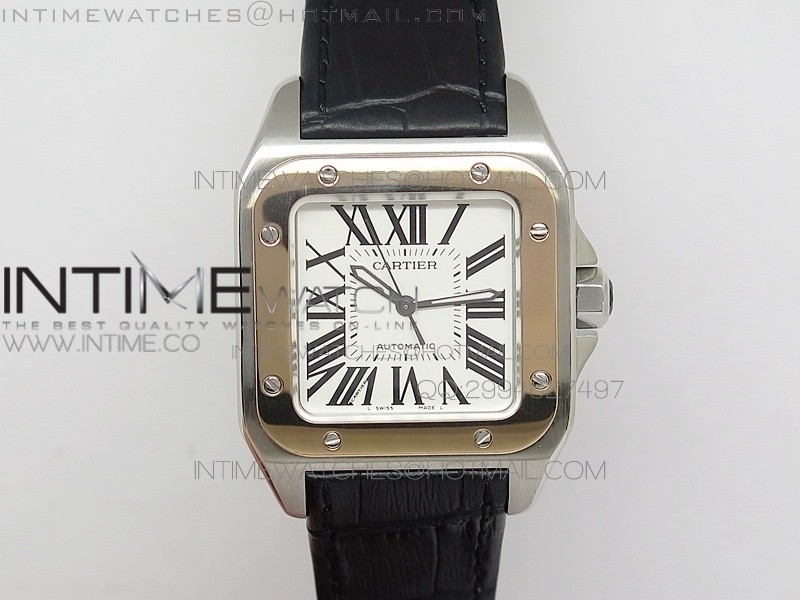 V6F 산토스100 미듐 33미리 콤비 블랙 가죽스트랩 Santos 100 33mm V6F Best Edition Ladies SS White Dial on Black Leather Strap SEIKO NH05A