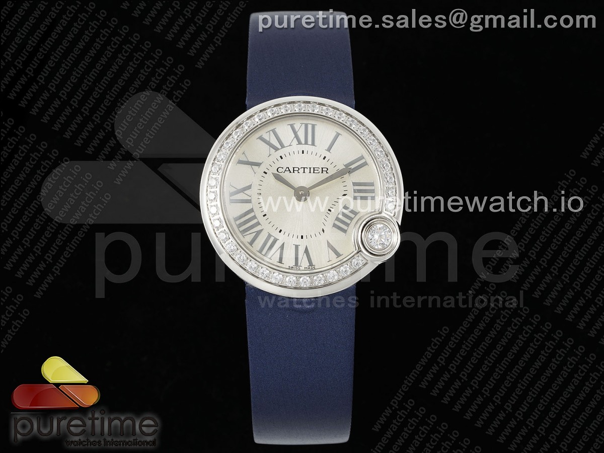 AF 까르띠에 발롱블랑 30미리 다이아베젤 실버다이얼 블루패브릭스트랩 Ballon Blanc 30mm AF 1:1 Best Edition Silver Dial Diamonds Bezel on Blue Fabric Strap Ronda Quartz