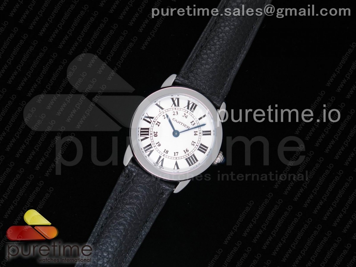 K11F 롱드솔로 스몰 29미리 화이트다이얼 블랙가죽스트랩 Ronde Solo De Cartier 29mm SS K11 Maker White Dial on Black Leather Strap Ronda Quartz