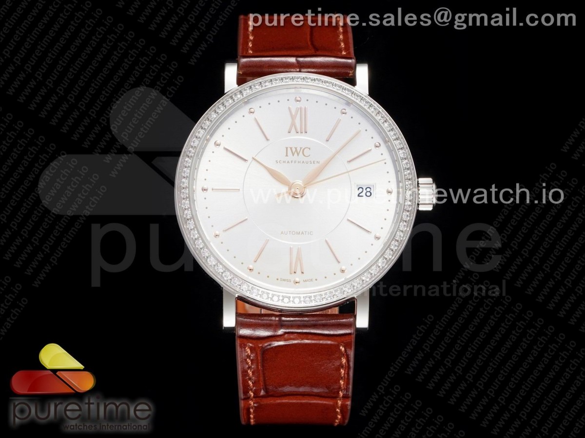 V7F IWC 포르토피노 37미리 화이트다이얼 다이아베젤 딥브라운가죽스트랩 Portofino 37mm SS V7F 1:1 Best Edition White Dial Diamonds Bezel on Brown Leather Strap A2892