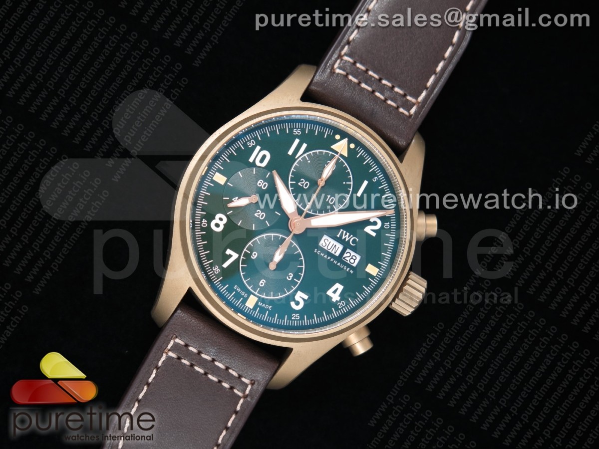 ZF IWC 파일럿 크로노 스핏파이어 브론조 그린다이얼 브라운가죽스트랩 Pilot Chrono Spitfire IW387902 Bronze ZF 1:1 Best Edition Green Dial on Brown Leather Strap A7750