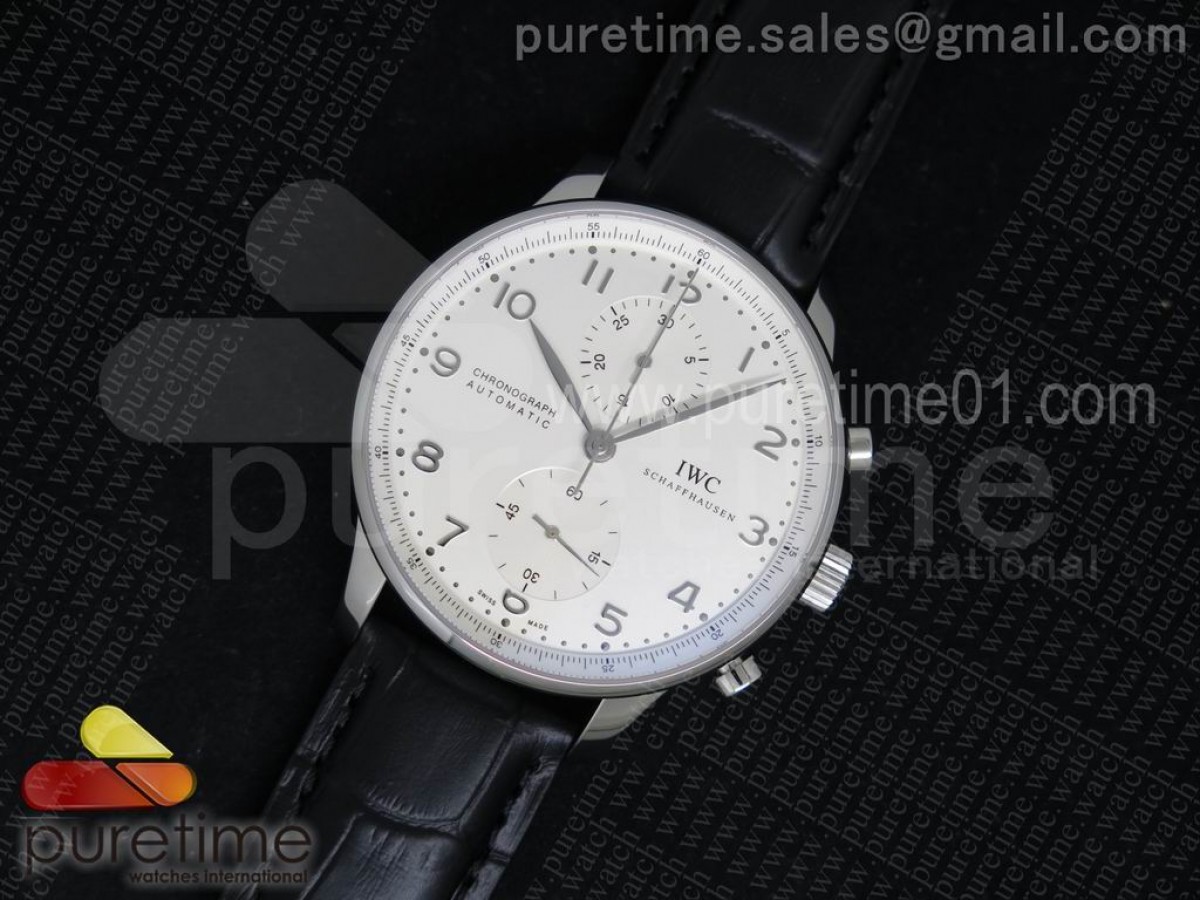 ZF IWC 포르투기저 크로노그래프 화이트다이얼 실버핸즈 블랙가죽스트랩 Portuguese Chrono IW3714 ZF 1:1 Best Edition White Dial SS Markers on Black Leather Strap A7750