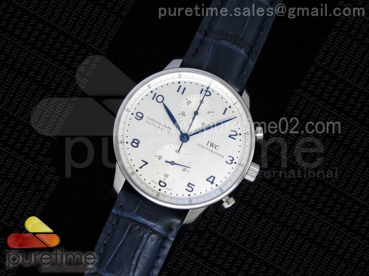 ZF IWC 포르투기저 크로노그래프 화이트다이얼 블루핸즈 블루가죽스트랩 Portuguese Chrono IW371446 ZF 1:1 Best Edition on BlueLeather Strap A7750 (Same Thickness as Genuine)