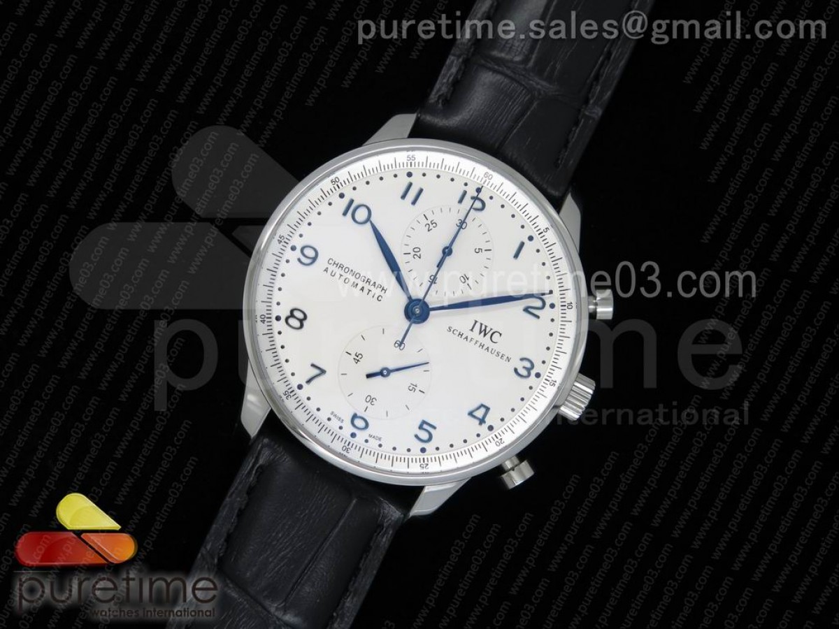 YLF IWC 포르투기저 크로노그래프 화이트다이얼 블루핸즈 블랙가죽스트랩 Portuguese Chrono IW371446 YLF 1:1 Best Edition on Black Leather Strap A7750 (Same Thickness as Genuine)