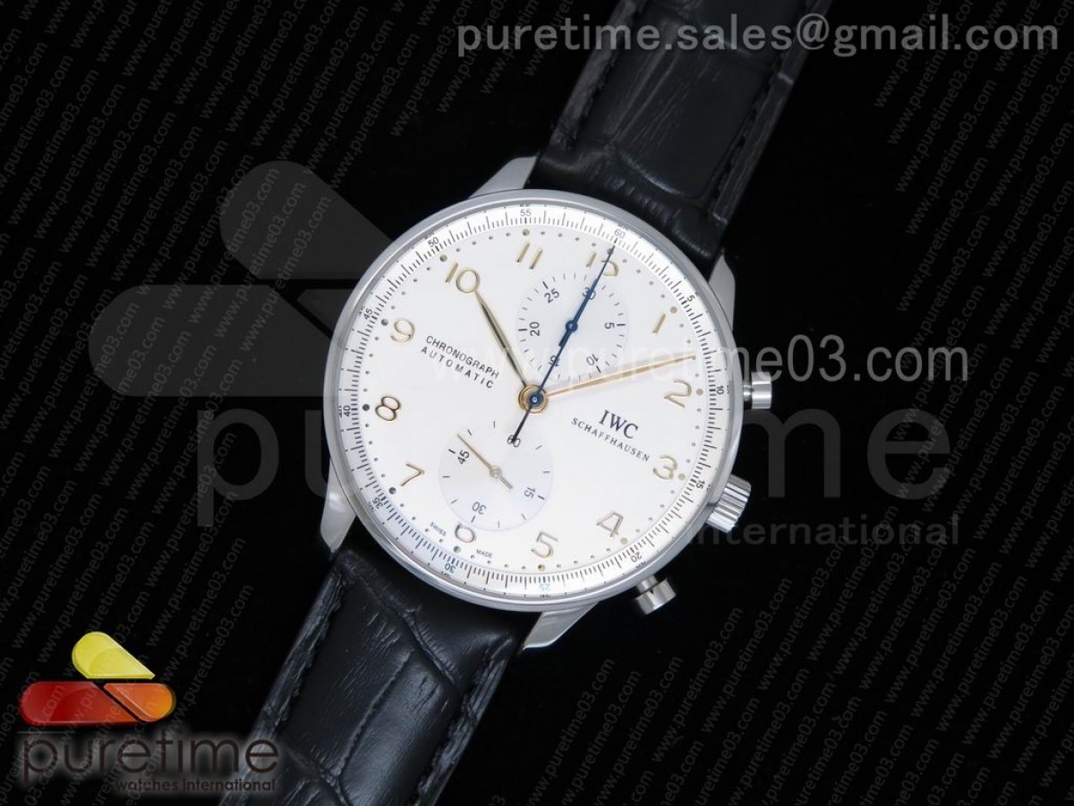 YLF IWC 포르투기저 크로노그래프 화이트다이얼 골드핸즈 블랙가죽스트랩 Portuguese Chrono IW371445 YLF 1:1 Best Edition on Black Leather Strap A7750 (Same Thickness as Genuine)