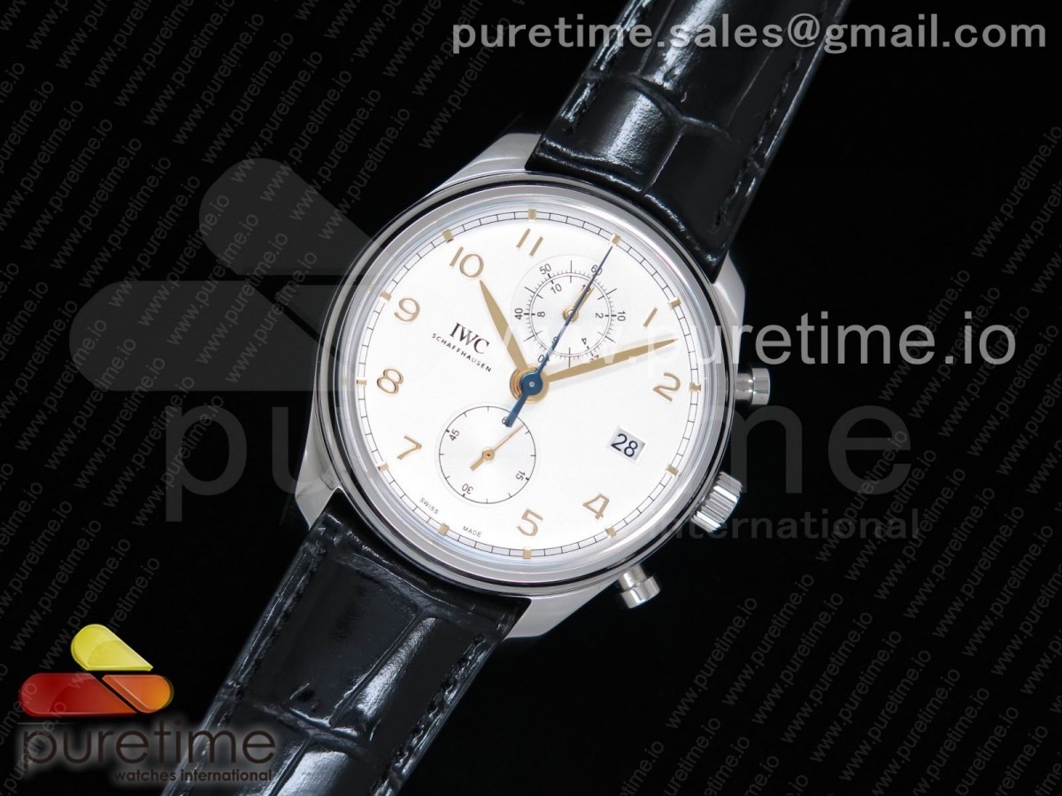 YLF IWC 포르투기저 크로노 클래식42 화이트다이얼 골드핸즈 블랙가죽스트랩 Portugieser Chrono Classic 42 IW3903 YLF Best Edition White Dial Gold Markers on Black Leather Strap A7750