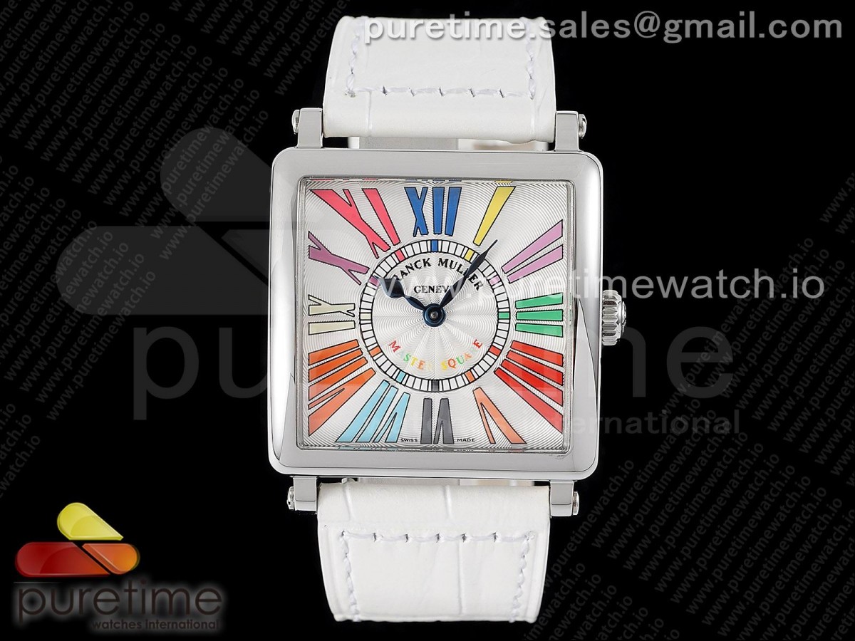 ZF 프랭크뮬러 마스터스퀘어 컬러풀로만다이얼 화이트가죽스트랩 Master Square SS Ladies ZF 1:1 Best Edition White Colorful Roman Dial on White Leather Strap Ronda Quartz