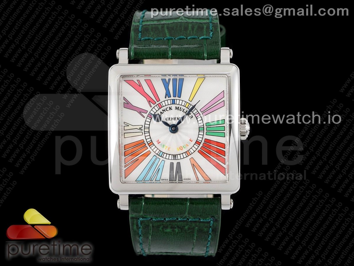 ZF 프랭크뮬러 마스터스퀘어 컬러풀로만다이얼 그린가죽스트랩 Master Square SS Ladies ZF 1:1 Best Edition White Colorful Roman Dial on Green Leather Strap Ronda Quartz