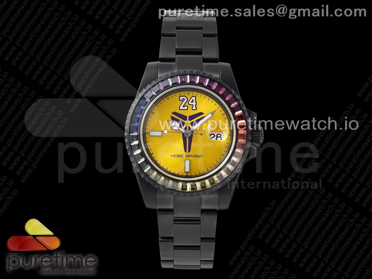 OXF 롤렉스 서브마리너 코베 PVD블랙 레인보우베젤 옐로우다이얼 스틸브레이슬릿 Submariner KOBE Watch PVD OXF Best Edition Yellow Dial Rainbow Diamonds Bezel on PVD Bracelet A2824