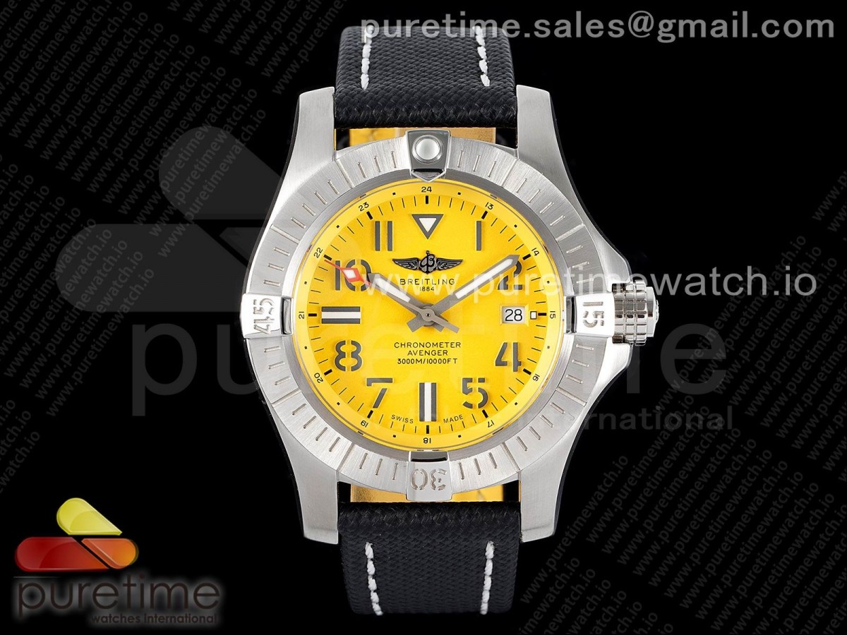 GF V2 브라이틀링 어벤저2 씨울프 옐로우아라빅다이얼 블랙나일론스트랩 Avenger II Seawolf SS GF 1:1 Best Edition Yellow Arabic Dial on Black Nylon Strap A2824 V2