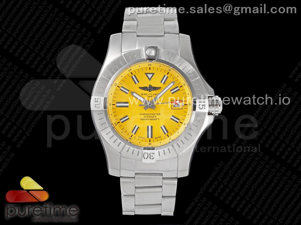 GF V2 브라이틀링 어벤저2 씨울프 옐로우다이얼 스틸브레이슬릿 Avenger II Seawolf SS GF 1:1 Best Edition Yellow Stick Dial on SS Bracelet A2824 V2