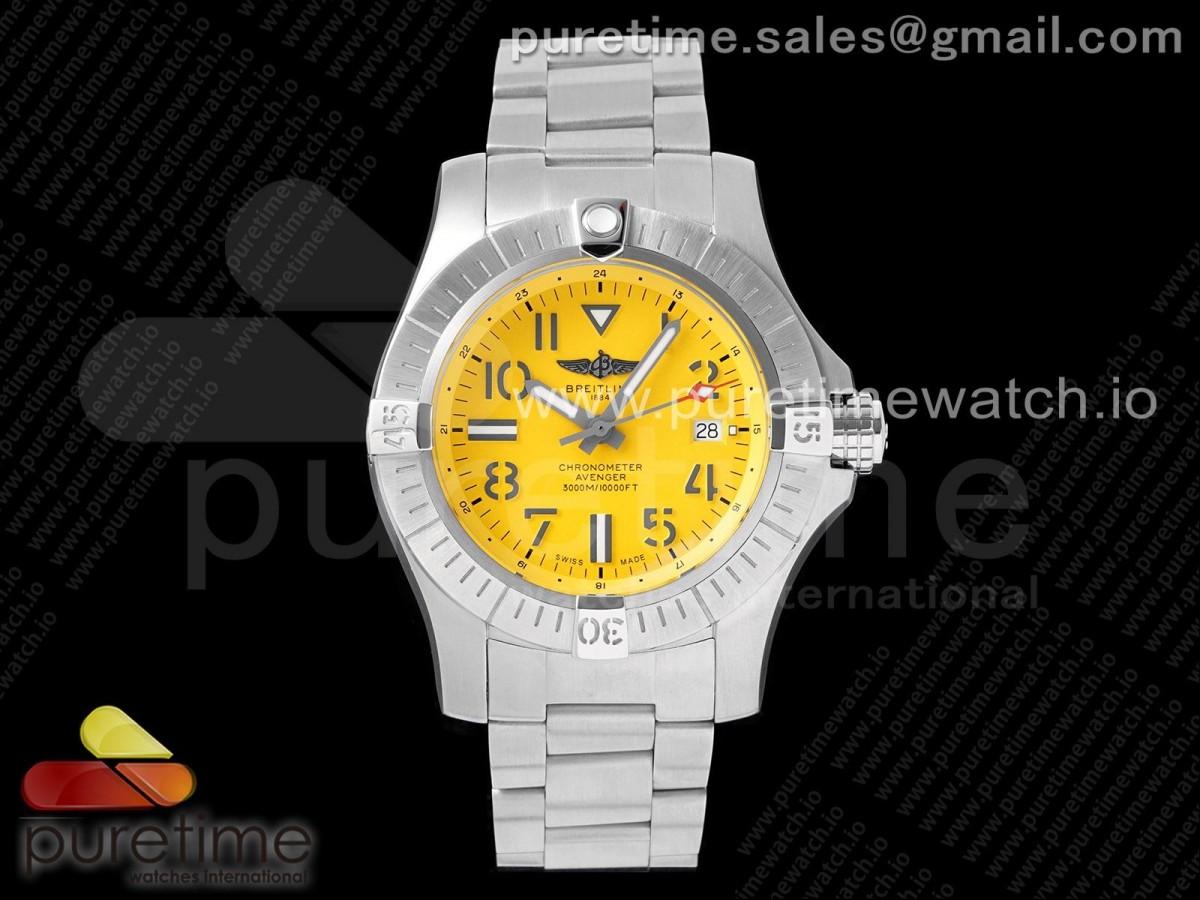 GF V2 브라이틀링 어벤저2 씨울프 옐로우아라빅다이얼 스틸브레이슬릿 Avenger II Seawolf SS GF 1:1 Best Edition Yellow Arabic Dial on SS Bracelet A2824 V2