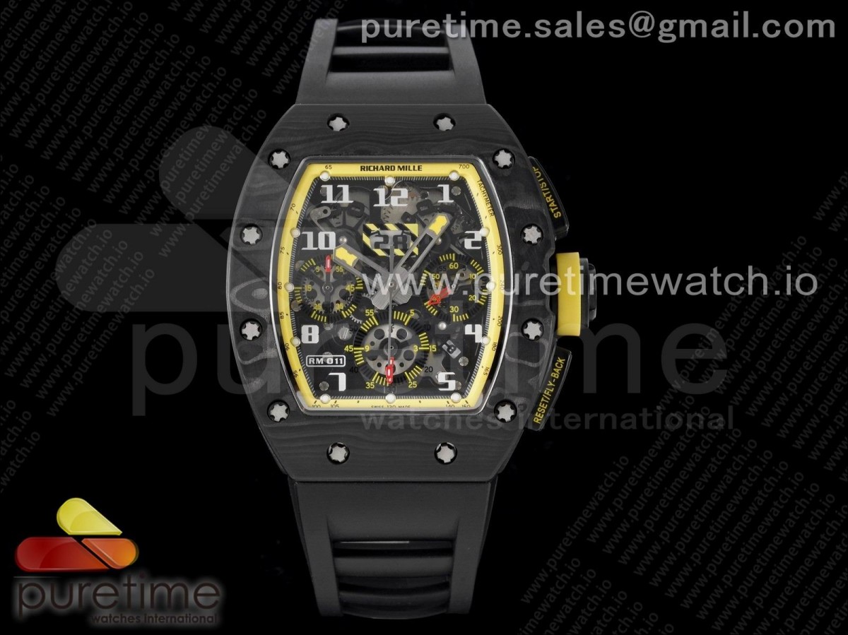 KVF 리차드밀 크로노 NTPT 크리스탈스켈레톤다이얼 블랙러버스트랩  RM011 NTPT Carbon Chrono KVF 1:1 Best Edition Crystal Skeleton Dial Yellow Inner Bezel on Black Rubber Strap A7750