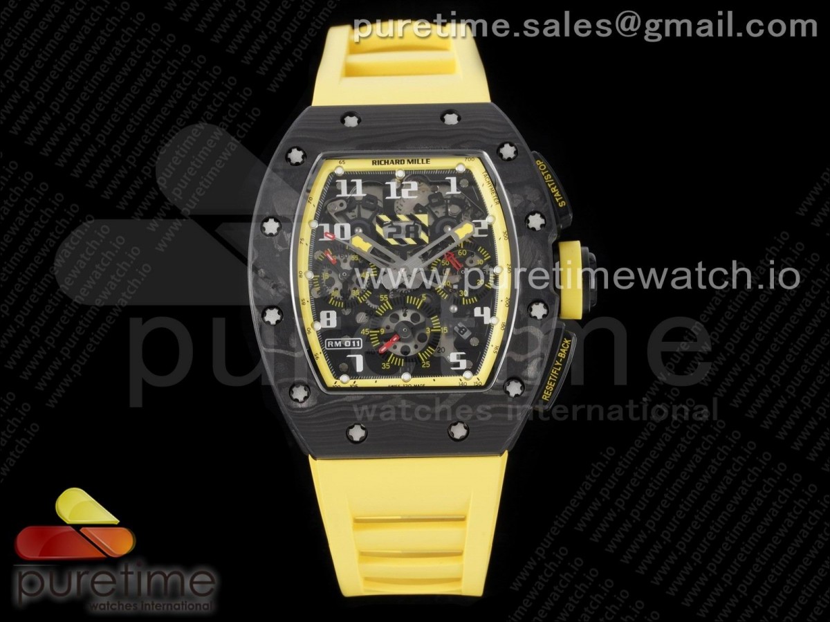 KVF 리차드밀 크로노 NTPT 크리스탈스켈레톤다이얼 옐로우러버스트랩  RM011 NTPT Carbon Chrono KVF 1:1 Best Edition Crystal Skeleton Dial Yellow Inner Bezel on Yellow Rubber Strap A7750