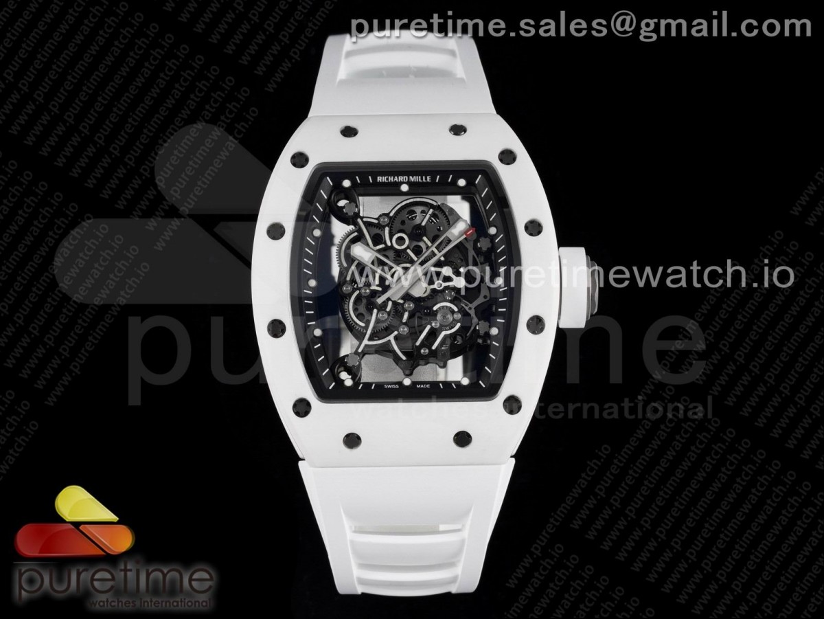 ZF 리차드밀 RM055 화이트세라믹 스켈레톤다이얼 화이트러버스트랩 RM055 Ti White Ceramic ZF 1:1 Best Edition Skeleton Dial on White Rubber Strap NH05A