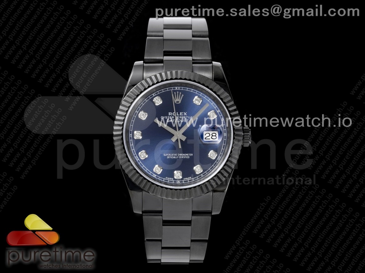 VRF 롤렉스 데이저스트41 올블랙 PVD 블루다이얼 10포인트 스틸브레이슬릿 DateJust 41 All Black PVD VRF Best Edition Blue Dial Diamonds Markers on PVD Oyster Bracelet A3235