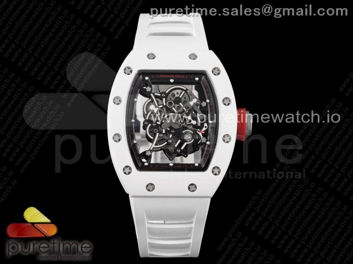 KVF V3 리차드밀 RM055 화이트블랙세라믹 블랙스켈레톤다이얼 화이트러버스트랩 RM055 White Ceramic KVF Best Edition Skeleton Dial Black Case on White Rubber Strap MIYOTA8215 V3