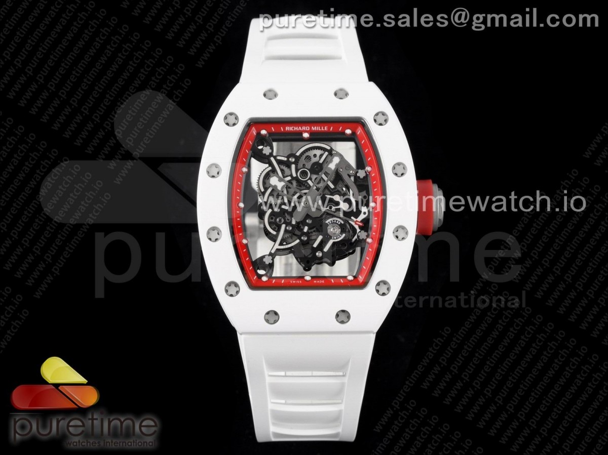 KVF V3 리차드밀 RM055 화이트세라믹 레드스켈레톤다이얼 화이트러버스트랩 RM055 White Ceramic KVF Best Edition Skeleton Dial Red on White Rubber Strap MIYOTA8215 V3