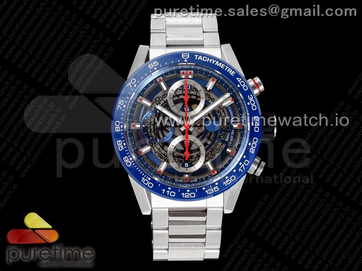 XF 태크호이어 칼리버호이어01 크로노 블루 스켈레톤다이얼 스틸브레이슬릿 Calibre Heuer 01 Chrono 43mm Blue Ceramic SS XF 1:1 Best Edition Skeleton Dial on SS Bracelet A1887