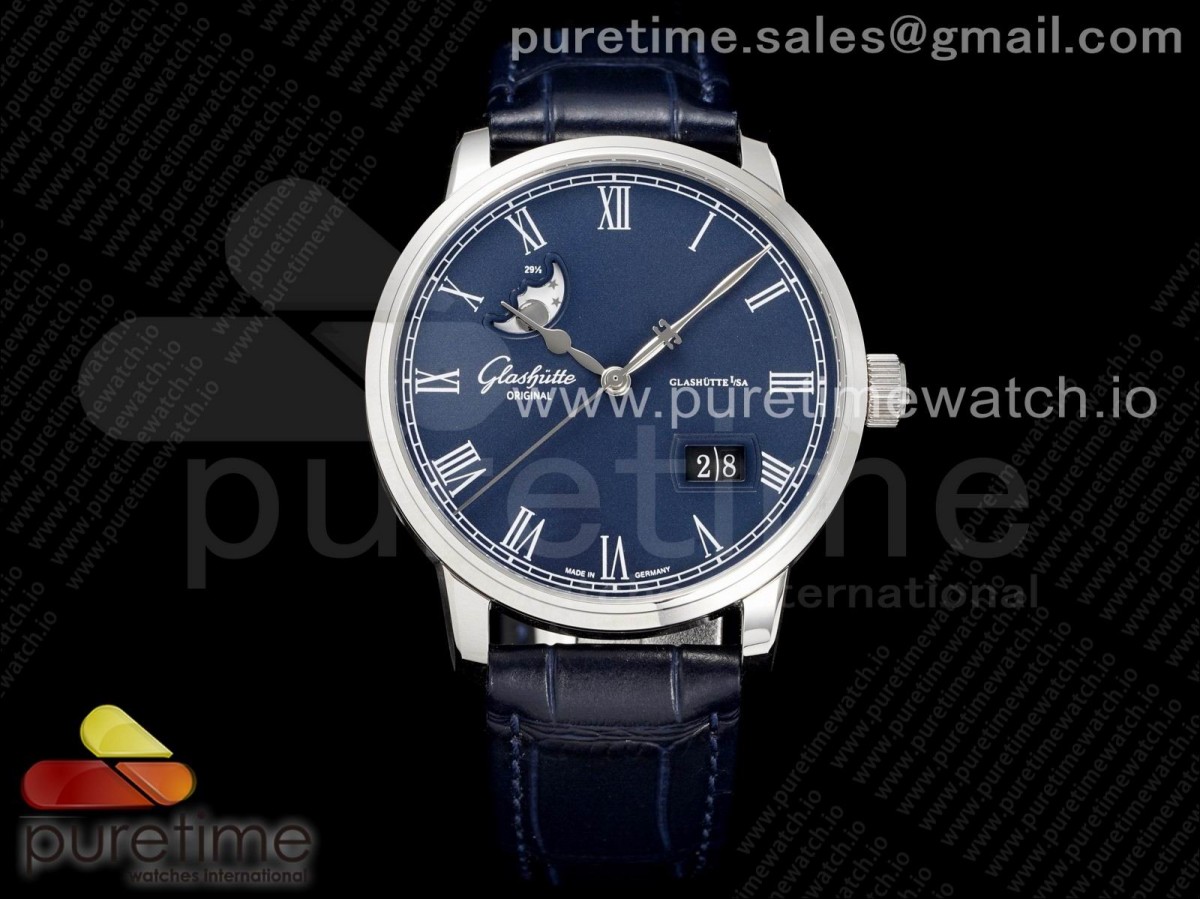 V9F 글라슈테 엑설런스파노라마 문페이즈 블루다이얼 블랙가죽스트랩 Excellence Panorama Date Moon Phase SS V9F Blue Dial on Black Leather Strap A100