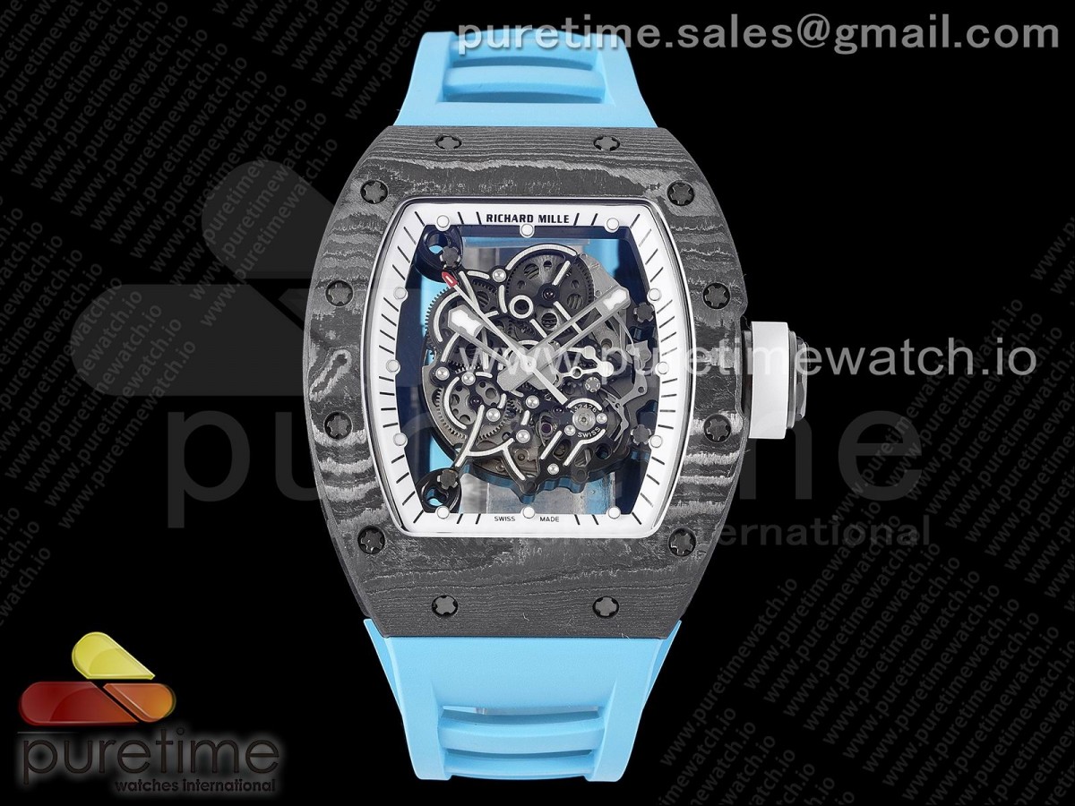 ZF V3 리차드밀 RM055 리얼NTPT 화이트스켈레톤다이얼 블루러버스트랩 RM055 Real NTPT ZF 1:1 Best Edition Skeleton White Dial on Blue Rubber Strap NH05A V3