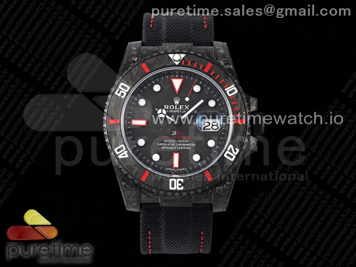 (NEW) VSF 롤렉스 서브마리너 DIW카본 블랙/레드다이얼 블랙나일론스트랩 Submariner DIW Carbon VSF 1:1 Best Edition Black/Red Dial on Black Nylon Strap VS3135