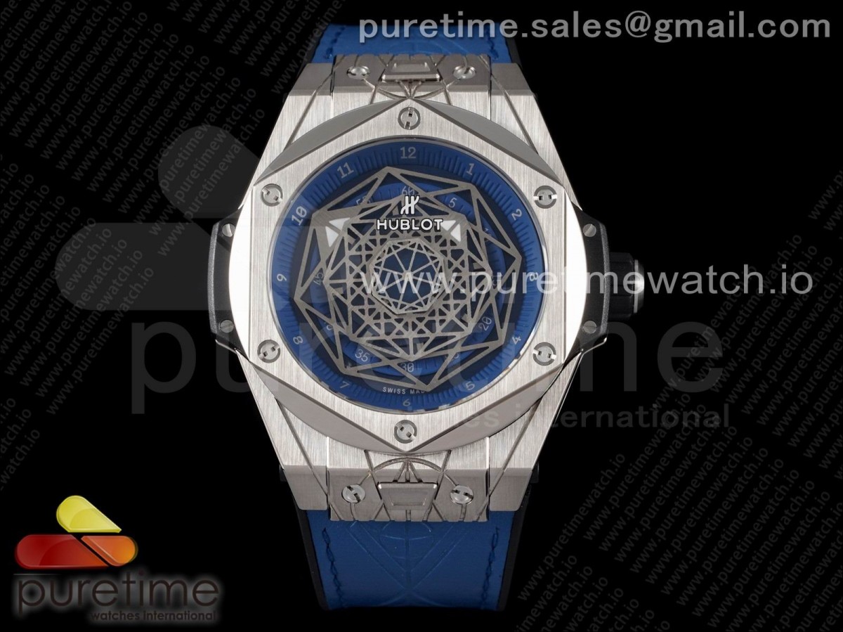 HBF 위블로 유니코 생블루 티타늄 스켈레톤다이얼 블루거미스트랩 Big Bang Unico Sang Bleu Titanium HBF Skeleton Dial on Blue Gummy Strap HUB1213