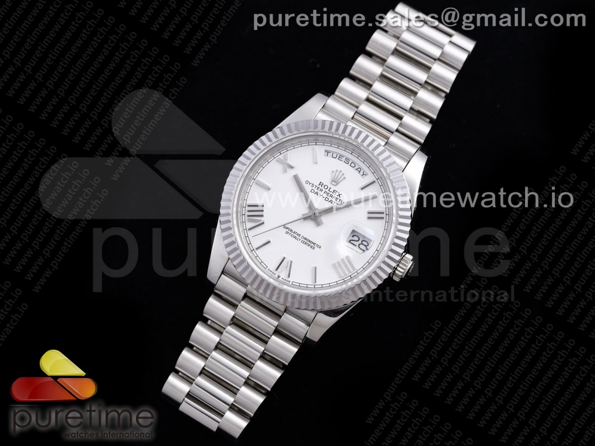 GMF 롤렉스 데이데이트40 화이트로만다이얼 스틸브레이슬릿 Day Date 40 SS 904L Steel GMF 1:1 Best Edition White Roman Dial on SS Bracelet A2836