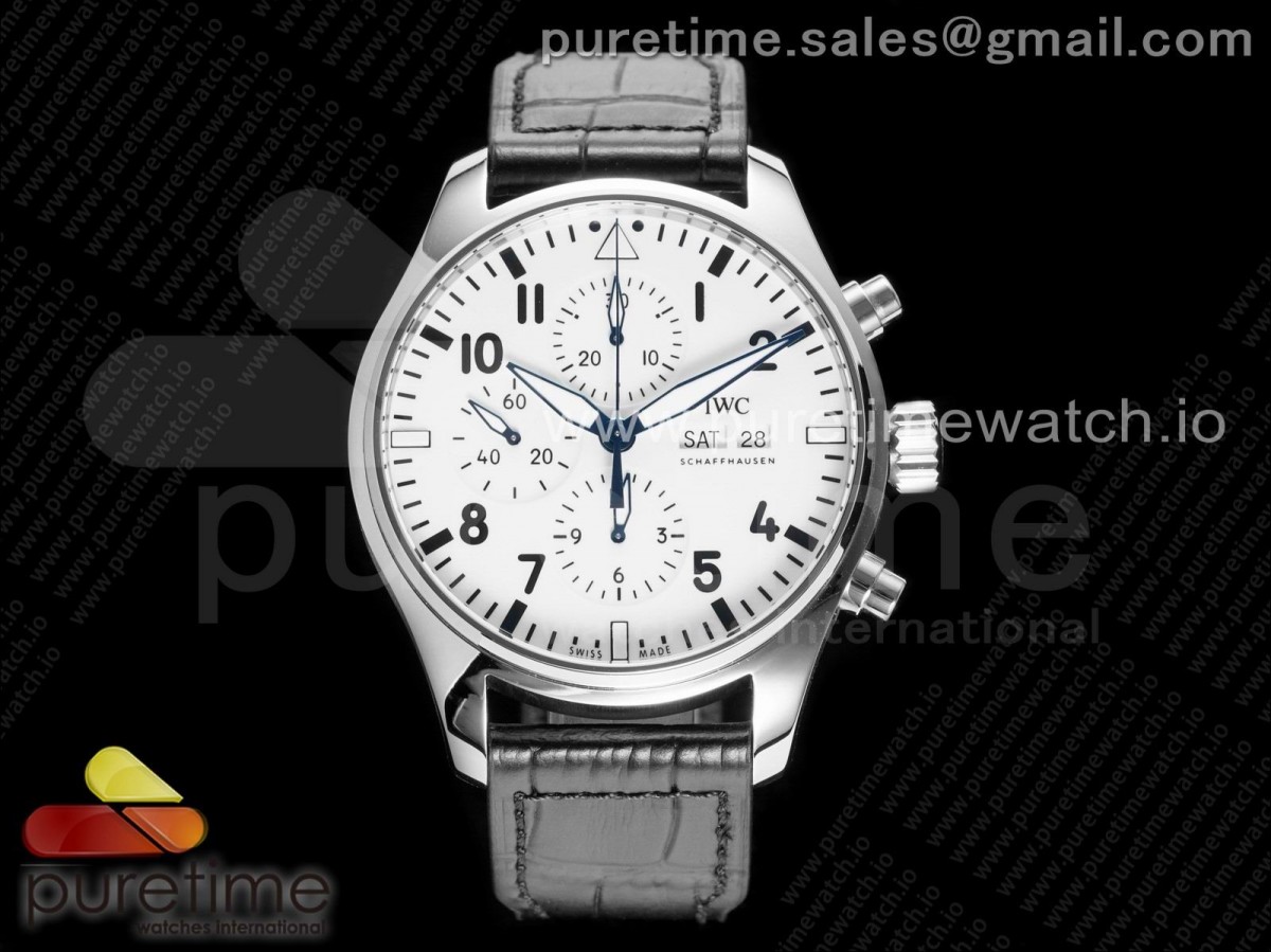 AZF IWC 파일럿 크로노 150주년 화이트다이얼 블랙가죽스트랩 Pilot Chrono 377725 "150 Years" AZF 1:1 Best Edition White Dial on Black Leather Strap A7750