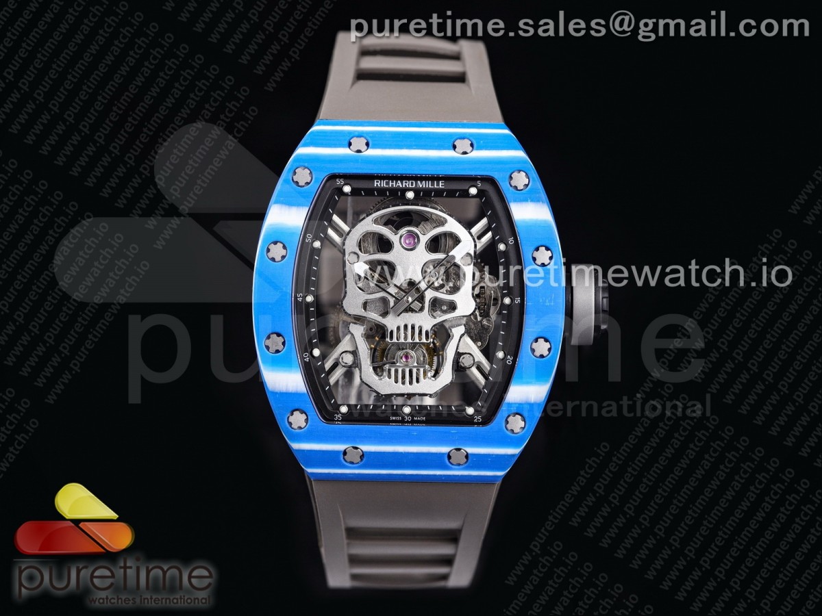 JBF 리차드밀 RM052-01 블루베젤 블랙스켈레톤스컬다이얼 그레이러버스트랩 RM052-01 Tourbillon PVD Blue Bezel JBF Best Edition Skeleton Dial on Gray Rubber Strap