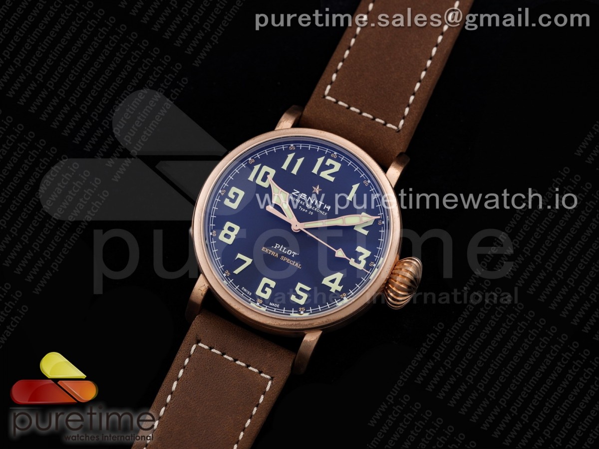 XF 제니스 파일럿 타입20 브론조 블루다이얼 브라운가죽스트랩 Pilot Type 20 Extra Special Bronze 45mm XF 1:1 Best Edition on Brown Asso Strap A2892