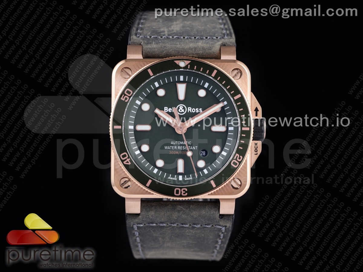 OXF 벨앤로스 다이버 BR 03-92 로즈골드 그린다이얼 그린베젤 그린가죽스트랩 BR 03-92 Diver RG OXF 1:1 Best Edition Green Dial Green Bezel on Green Asso Strap MIYOTA 9015 (Free Nylon Strap)