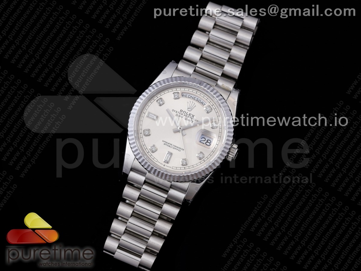 GMF 롤렉스 데이데이트36 실버다이얼 다이아인덱스 스틸브레이슬릿 Day Date 36 128239 GMF 1:1 Best Edition 904L Steel Silver Dial Diamonds Markers on Bracelet A2836