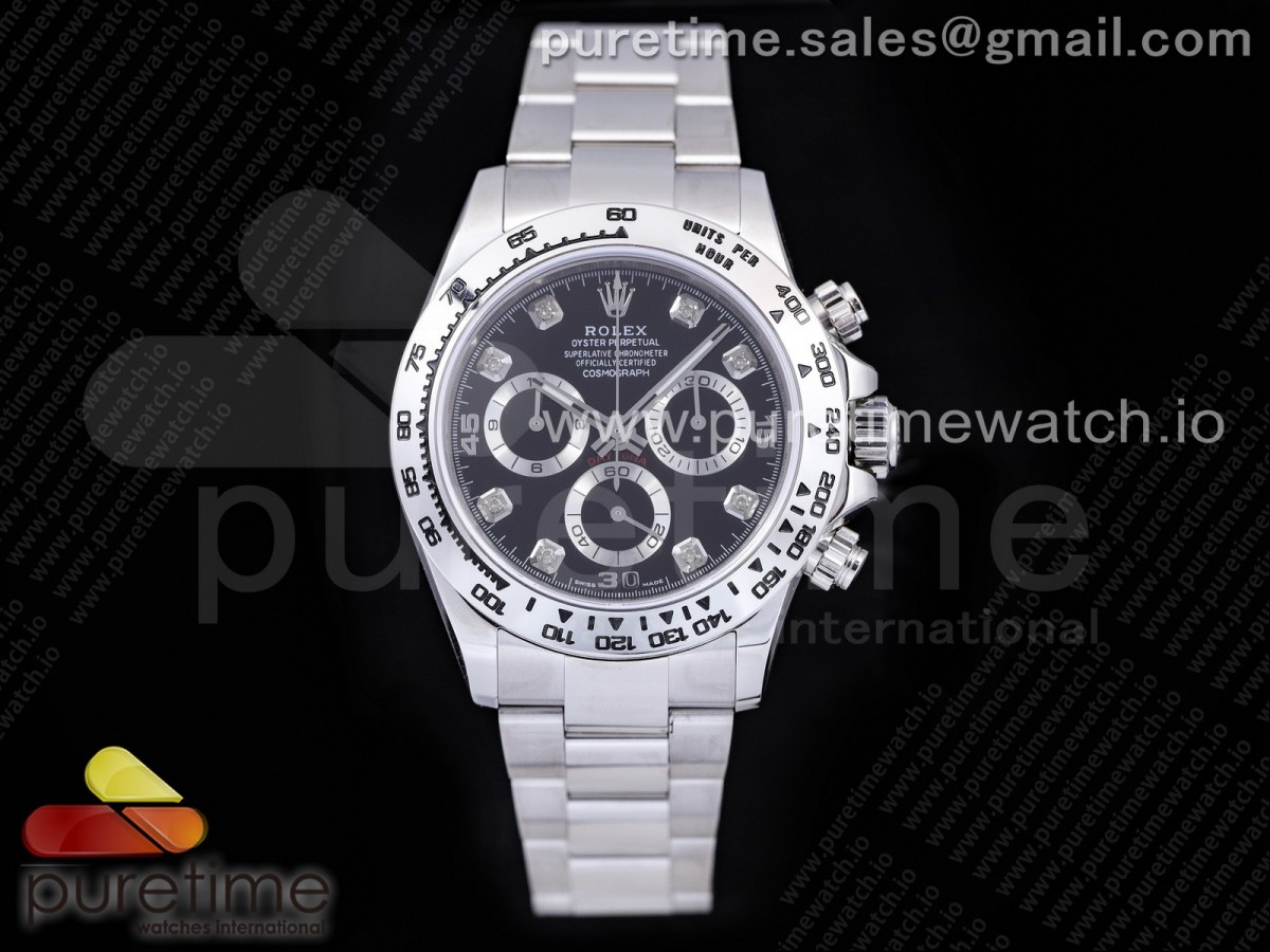 TWF 롤렉스 데이토나스틸 블랙8P다이얼 스틸브레이슬릿 Daytona SS TWF SS Bezle Black Dial Diamonds Markers on SS Brcelet A4130