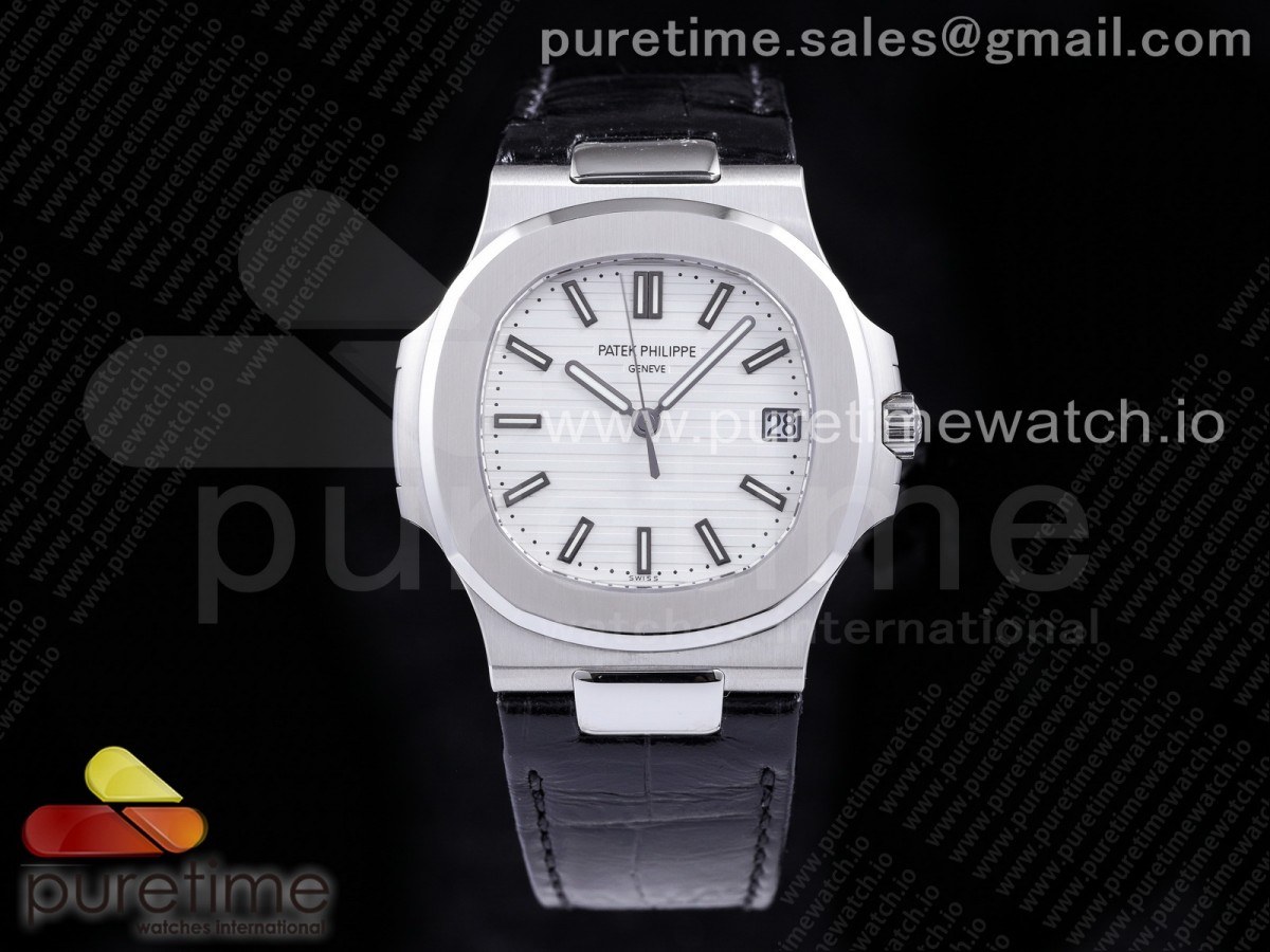 PPF V4 파텍필립 노틸러스5711 화이트다이얼 블랙가죽스트랩 Nautilus 5711/1A PPF 1:1 Best Edition White Textured Dial on Black Leather Strap 324CS (Free box) V4