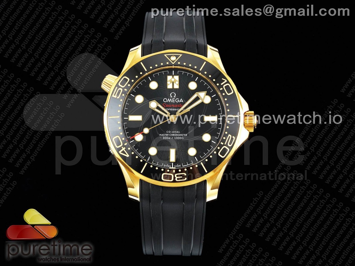 HRF 오메가 씨마스터 다이버300 옐로우골드 007제임스본드 블랙다이얼 블랙러버스트랩 Seamaster Diver 300M YG 007 James Bond HRF 1:1 Best Edition on Black Rubber Strap A8807