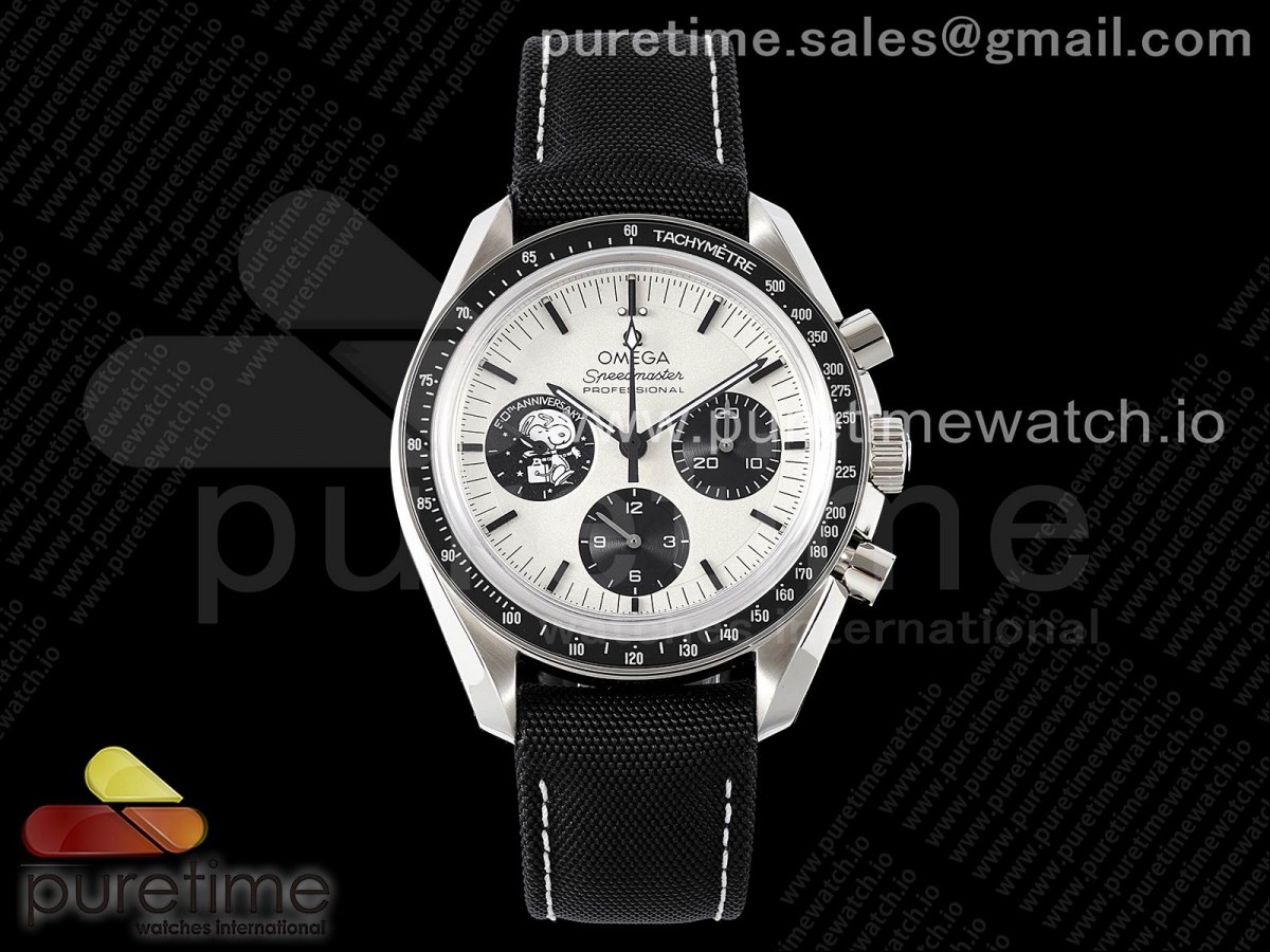 OMF 오메가 스피드마스터 블랙스누피 화이트다이얼 블랙나일론가죽스트랩 Speedmaster SS Black Snoopy OMF 1:1 Best Edition White Dial on Black Leather Strap Manual Winding Chrono Movement