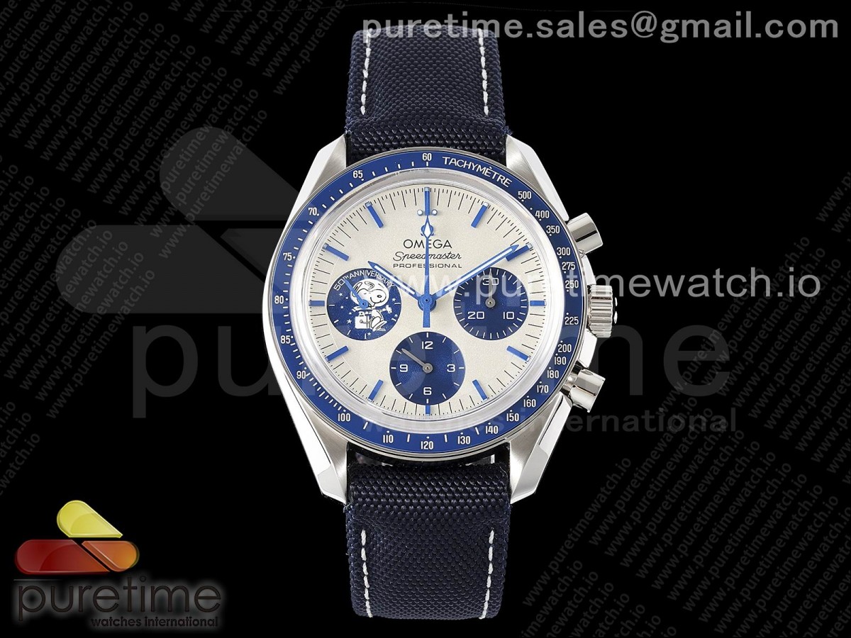 OMF 오메가 스피드마스터 블루스누피 화이트다이얼 블루나일론가죽스트랩 Speedmaster SS Blue Snoopy OMF 1:1 Best Edition White Dial on Blue Leather Strap Manual Winding Chrono Movement