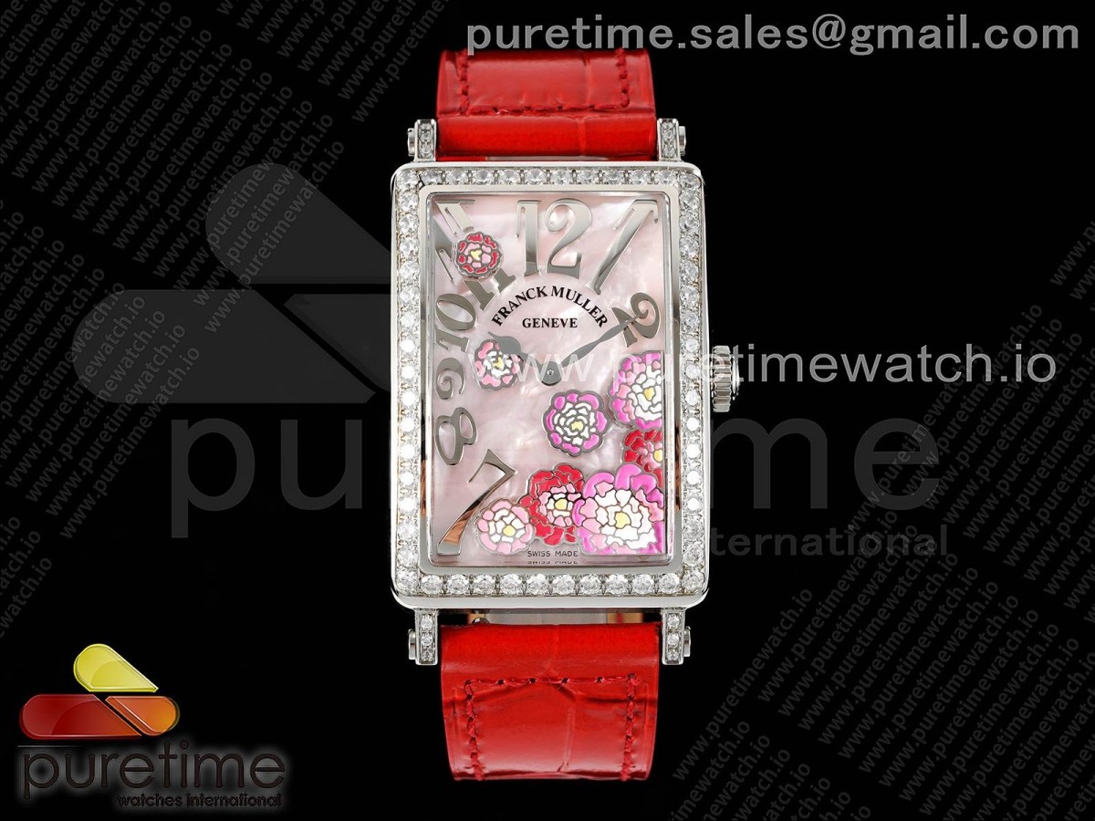 ZF 프랭크뮬러 롱아일랜드 레이디 다이아베젤 자개다이얼 레드가죽스트랩 Long Island Ladies SS Diamonds Bezel ZF 1:1 Mother of Pearl Dial on Red Leather Strap Swiss Ronda Quartz