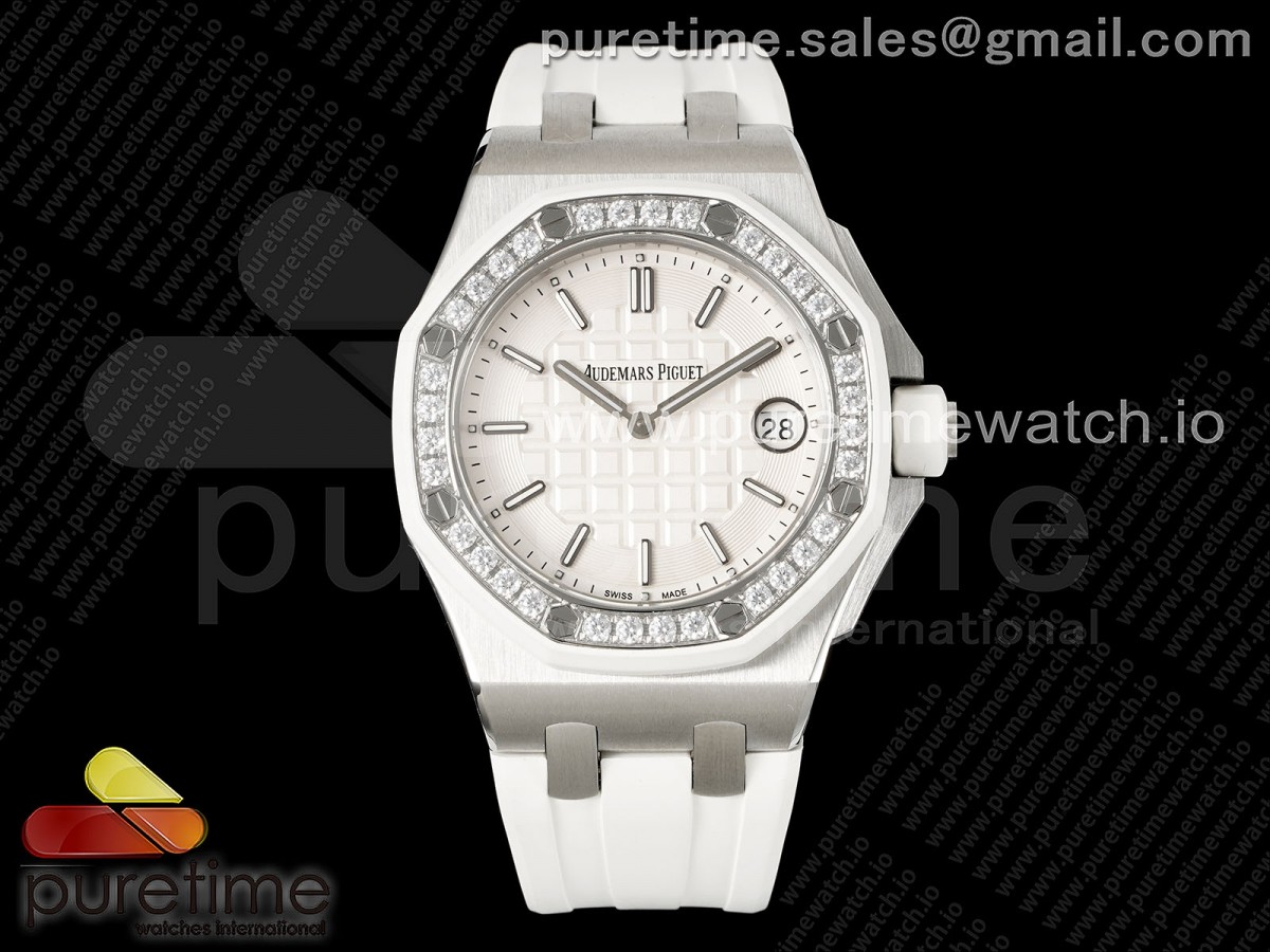 TWF 로얄오크 오프쇼어 레이디 화이트다이얼 다이아베젤 화이트러버스트랩  Royal Oak Offshore Ladies 37mm 67540 SS TWF Best Edition White Dial on White Rubber Strap ETA Quartz