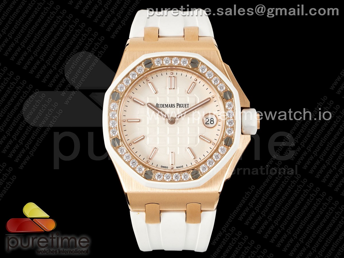 TWF 로얄오크 오프쇼어 레이디 로즈골드 화이트다이얼 다이아베젤 화이트러버스트랩  Royal Oak Offshore Ladies 37mm 67540 RG TWF Best Edition White Dial on White Rubber Strap ETA Quartz