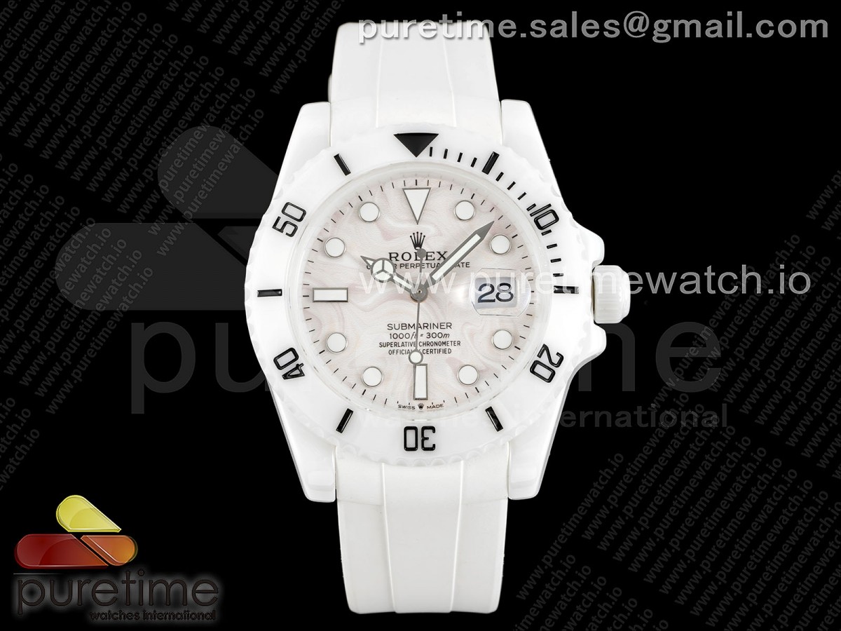 5GF 롤렉스 서브마리너 화이트세라믹케이스 크림다이얼 화이트러버스트랩 Submariner 40mm White Ceramic 5GF Best Edition Cream Dial on White Rubber Strap SA3135