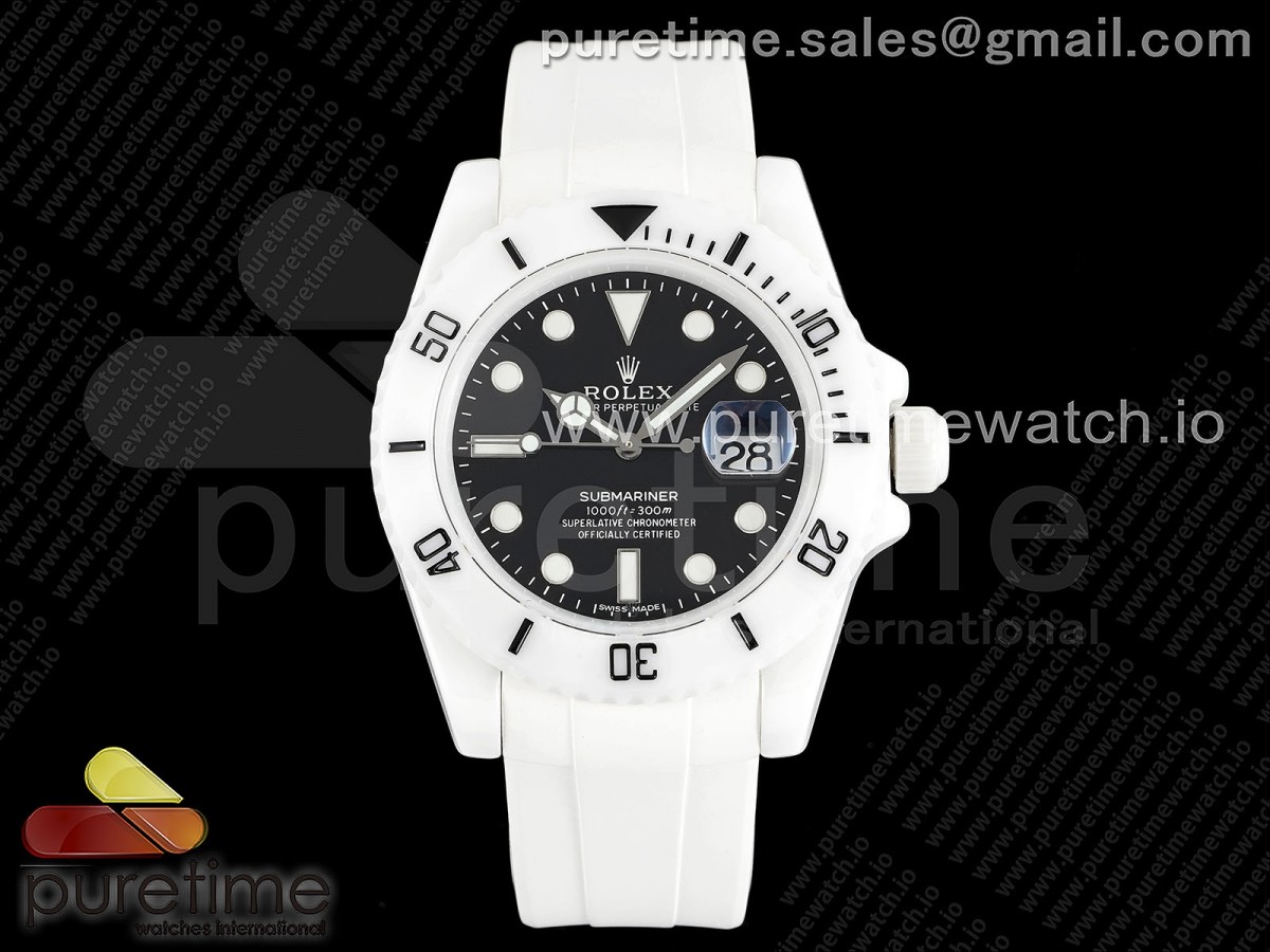 5GF 롤렉스 서브마리너 화이트세라믹케이스 블랙다이얼 화이트러버스트랩 Submariner 40mm White Ceramic 5GF Best Edition Black Dial on White Rubber Strap SA3135