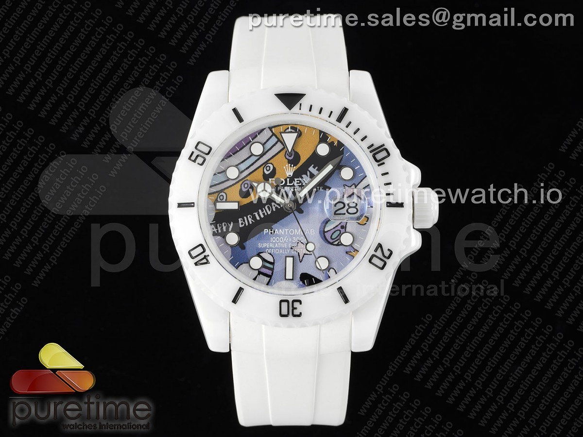 5GF 롤렉스 서브마리너 화이트세라믹케이스 페인팅다이얼 화이트러버스트랩 Submariner 40mm White Ceramic 5GF Best Edition Painting Dial on White Rubber Strap SA3135