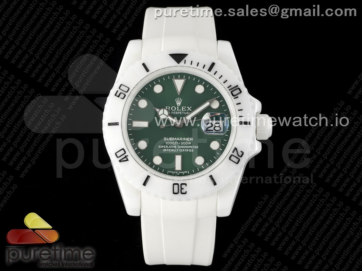 5GF 롤렉스 서브마리너 화이트세라믹케이스 그린다이얼 화이트러버스트랩 Submariner 40mm White Ceramic 5GF Best Edition Green Dial on White Rubber Strap SA3135