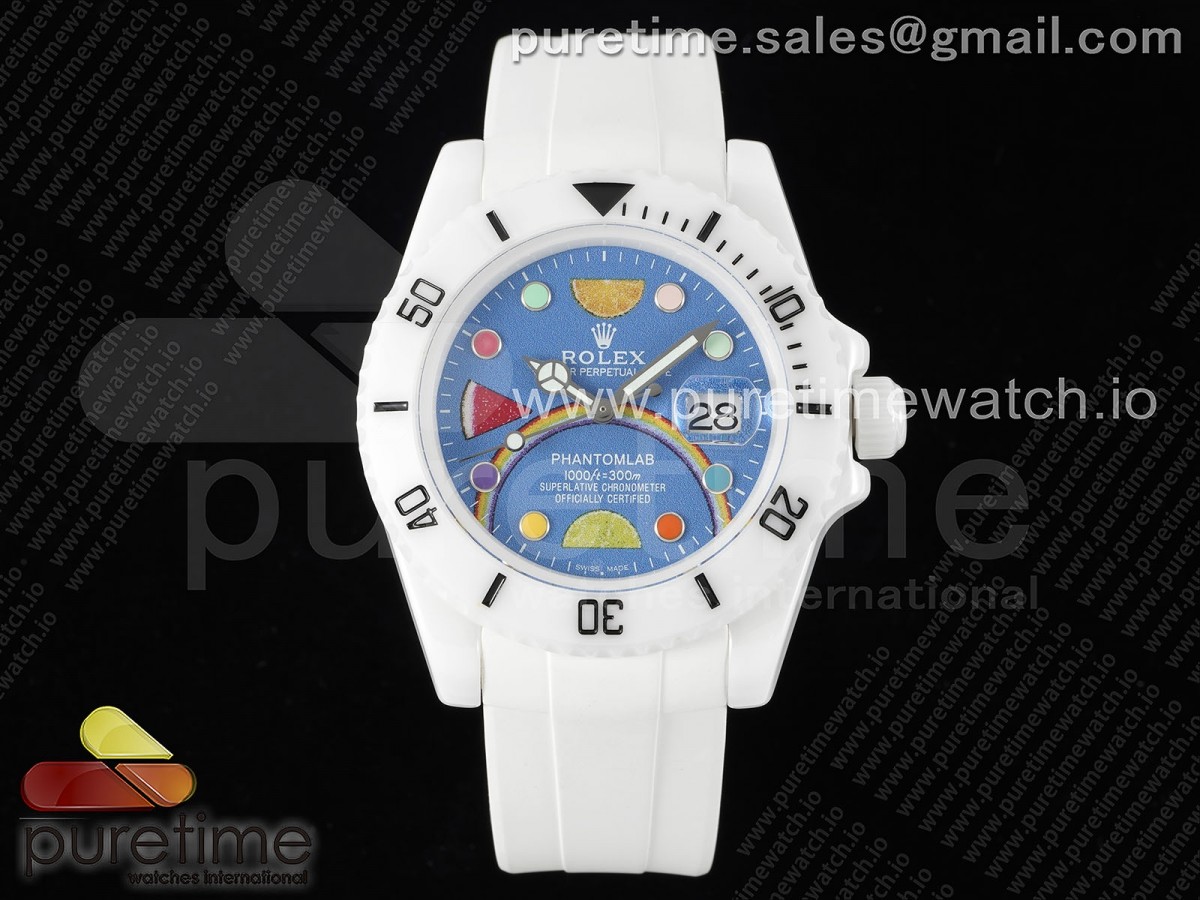 5GF 롤렉스 서브마리너 화이트세라믹케이스 블루레인보우다이얼 화이트러버스트랩 Submariner 40mm White Ceramic 5GF Best Edition Blue Rainbow Dial on White Rubber Strap SA3135