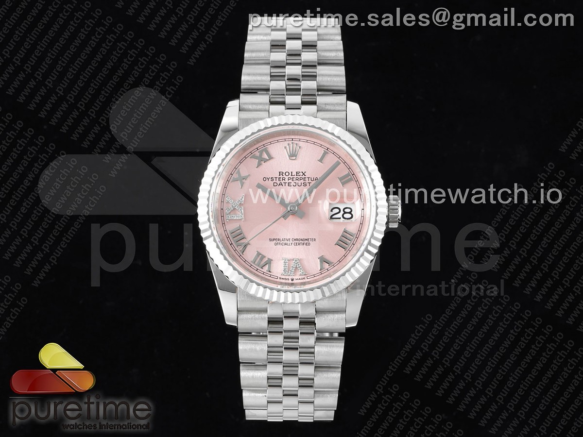 GMF 롤렉스 데이저스트36 핑크로만다이얼 스틸브레이슬릿 Datejust 36 SS 904L Steel JDF 1:1 Best Edition Pink Dial Diamonds 6/9 Markers on SS Bracelet VR3235