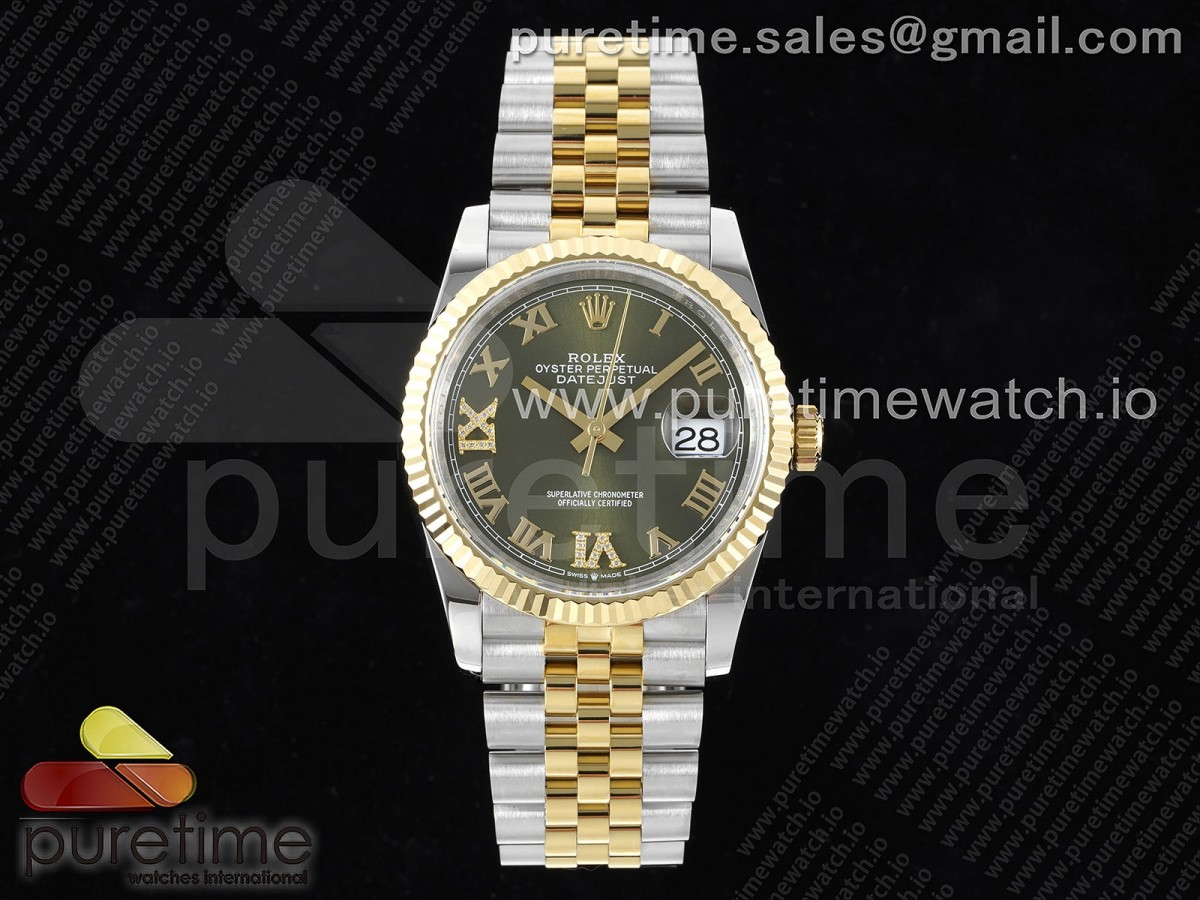 GMF 롤렉스 데이저스트36 옐로우골드콤비 그린로만다이얼 스틸브레이슬릿 Datejust 36 SS/YG 904L Steel JDF 1:1 Best Edition Green Dial Diamonds 6/9 Markers on SS/YG Bracelet VR3235