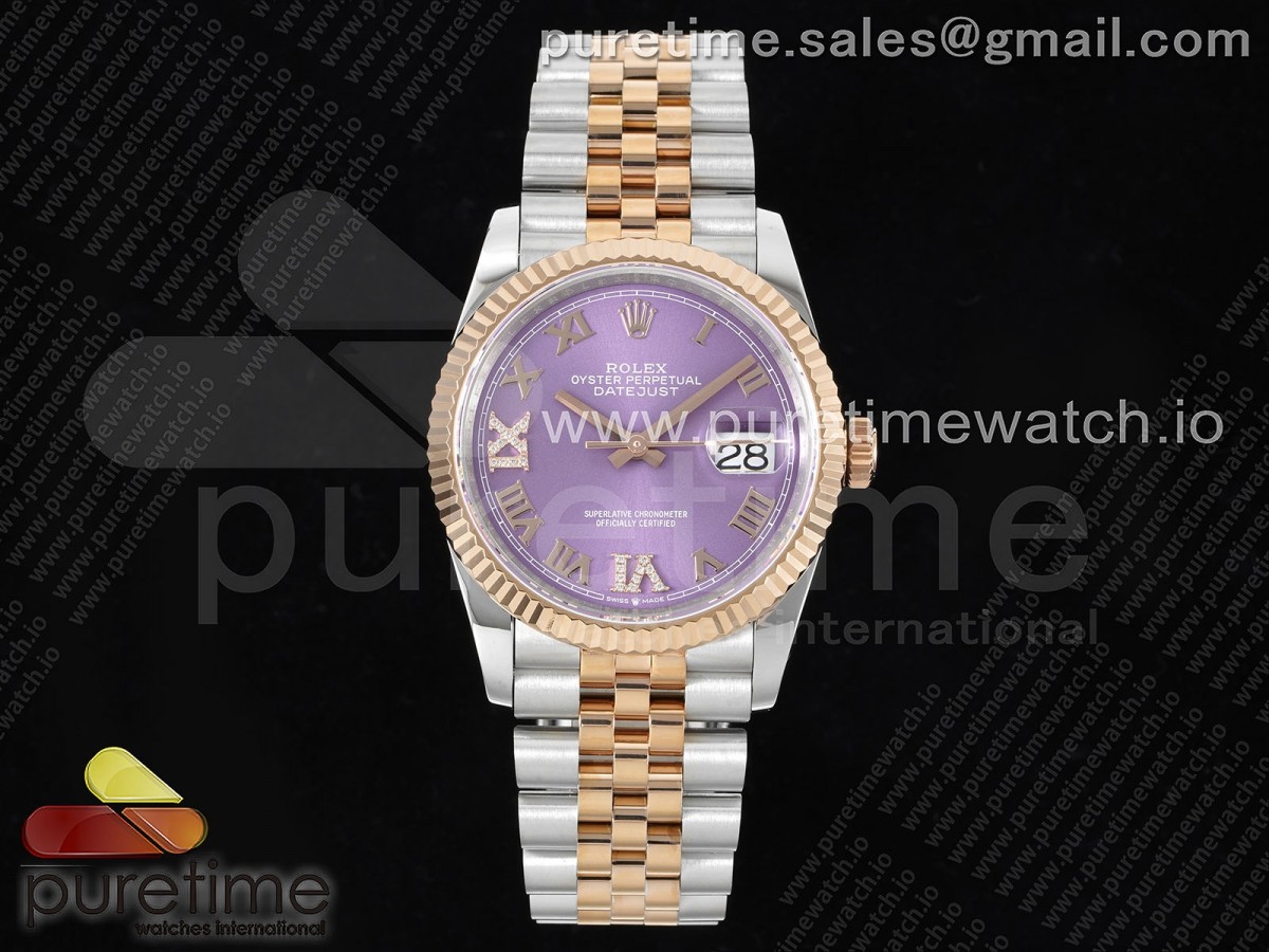 GMF 롤렉스 데이저스트36 로즈골드콤비 퍼플로만다이얼 스틸브레이슬릿 Datejust 36 SS/RG 904L Steel JDF 1:1 Best Edition Purple Dial Diamonds 6/9 Markers on SS/RG Bracelet VR3235